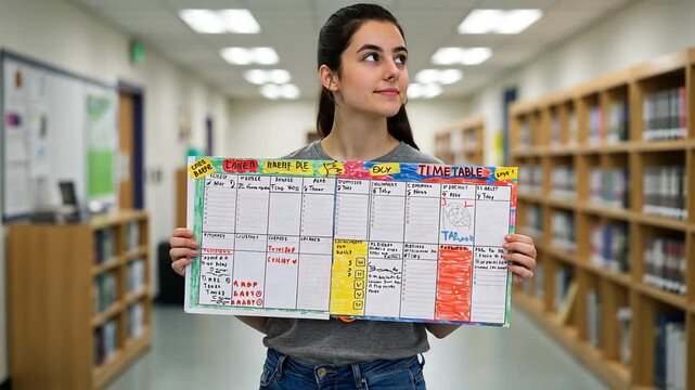 Student Holding Colorful Schedule in School Library