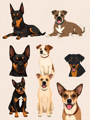 Set of vector illustrations with dogs: doberman, boxer, rottweiler, taxa.