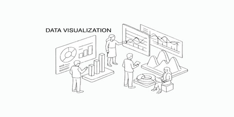 Print  Data visualization isometric concept banner. People in the team analyze diorrams and graphics. Data visualization concept. 3d isometric vector illustration
