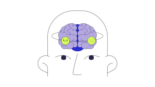 Emotional intelligence brain in workplace 2D animation. Soft skill. Mood control. Human head with EQ mindset emotions animated composition cartoon flat concept metaphor 4K video isolated on white