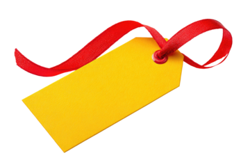 Bright yellow tag with red ribbon