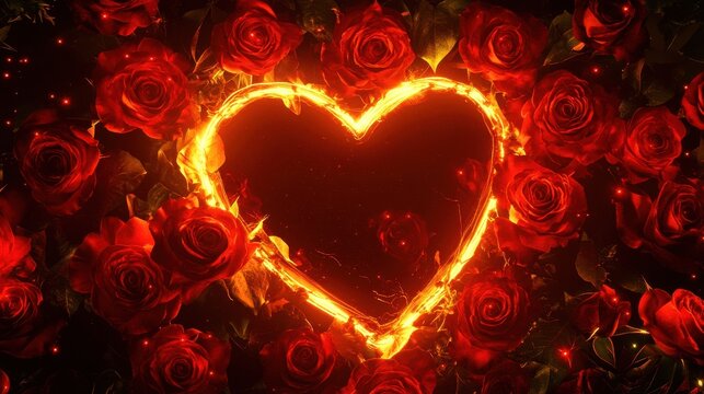 Glowing heart surrounded by deep red roses, romantic valentine's day concept