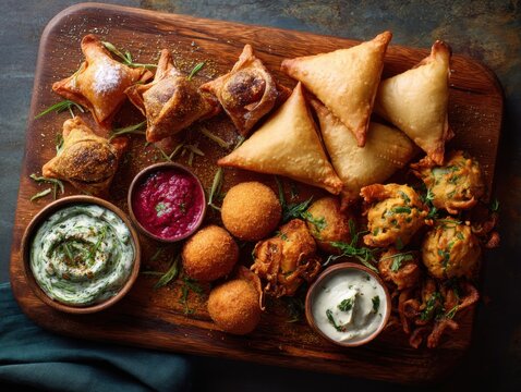 Indian Appetizer Platter: Samosas, Bhajis, and Dips on Wooden Board - Delicious Ethnic Cuisine for Sharing and Celebrating
