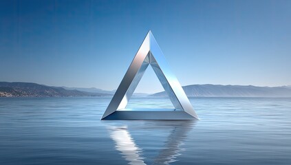 Silver triangle floats on still water, mountains beyond