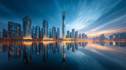 Modern real estate poster of high-rise building in cityscape, daytime urban scene, fashionable commercial style, high-end architecture, blue tones, detailed and sophisticated design