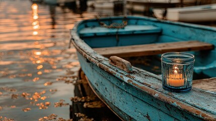 Obraz premium Tranquil Blue Boat with Candle on Calm Water at Sunset