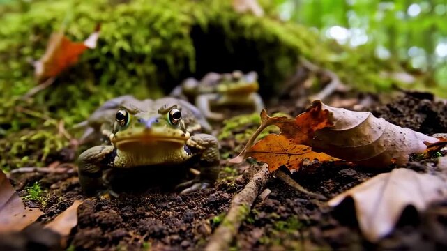 Close-up View of American Toads Emerging from a Mossy Burrow in the Woods