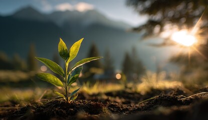 Young sprout emerging from soil, bathed in sunlight, mountains in background