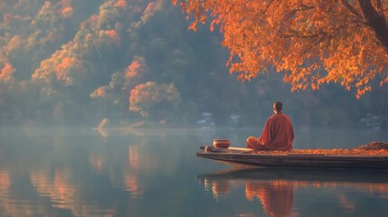 Monk on a platform on a lake island under an autumn tree at dawn.