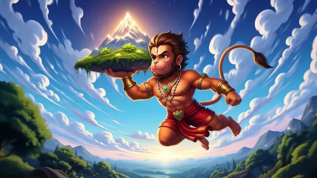 Powerful Digital Illustration of Hanuman, the Monkey God, Carrying Sanjeevani Mountain Vibrant Colors, Dynamic Pose, Ideal for Hindu Mythology, Religious Art, and Fantasy Game Assets