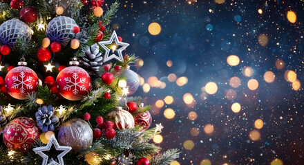 Close-up of an elegantly decorated Christmas tree branch with vibrant red and silver baubles and a star ornament set against a magical sparkling blue and gold bokeh light background
