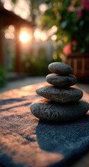 Stacked stones at sunset, tranquil garden scene
