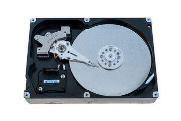 Internal view of computer hard drive. Repair and maintenance