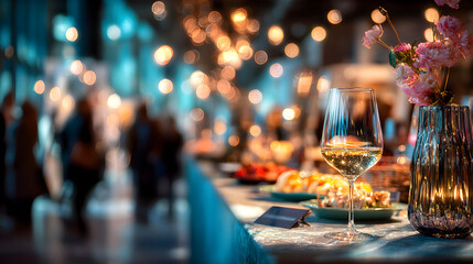 Elegant buffet table with food and wine at festive event with lights  