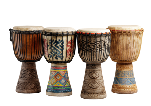 Four traditional drums, colorful patterns
