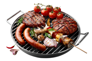 Grilled meats and vegetables on a barbecue grill