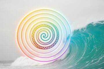Vibrant rainbow spiral portal emerging from a crashing ocean wave