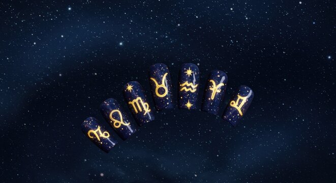 Cosmic Nail Art Zodiac Signs on Dark Blue Nails