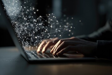 Hands typing on a laptop, network graphic overlay