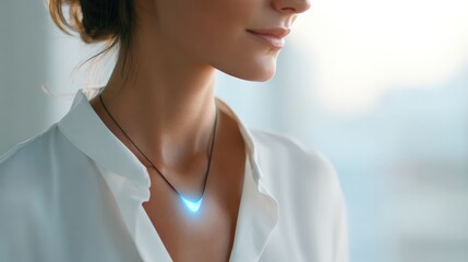 Professional woman with glowing AI necklace as wearable smart assistant device combining technology and minimalism