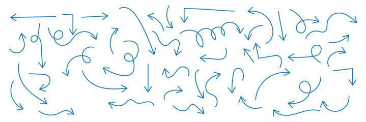 Hand drawn arrows icon set. Sketch curved arrows design. Arrow handmade. Doodle arrows of varios shapes and directions. Pointer and cursor icons.