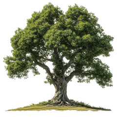 Fototapeta premium Majestic Oak: A towering oak, its sprawling branches laden with vibrant green leaves, stands as a symbol of strength and endurance in a serene nature scene.