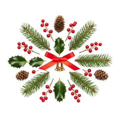 Symmetrical Christmas Wreath Design with Holly, Pinecones, and Red Bow
