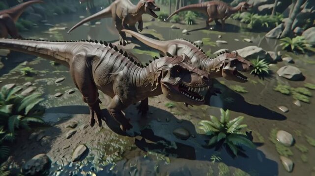 Majestic Marsh A Scene of Prehistoric Allosaurus Herd in a Lush Prehistoric Habitat