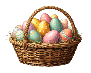 Fototapeta premium Easter Egg Basket Icon with Colorful Painted Eggs, hand-drawn sketch style, isolated on transparent background