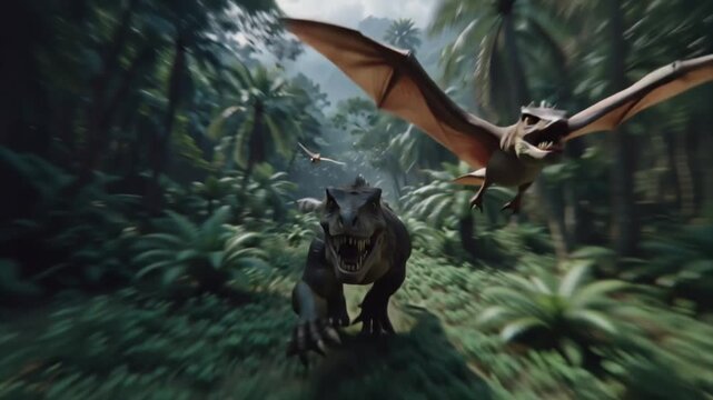 Encounter with magnificent ancient beasts, a fearsome land predator in a rapid sprint and a majestic flying reptile, navigating the vibrant, untamed wilderness of an old-world forest