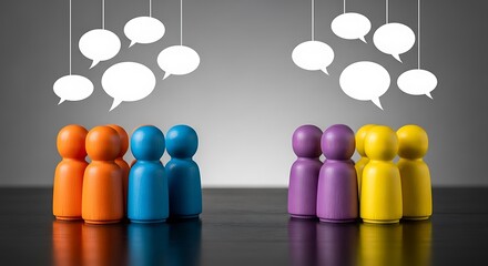 Diverse Groups Representing Different Opinions Engaged in Discussion with Speech Bubbles Highlighting Communication and Dialogue in a Stylized Setting