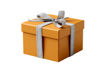 Bright orange gift box with gray ribbon