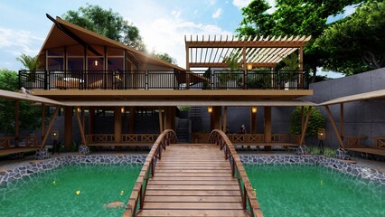 wooden villa in the middle of the village, with a bridge over the fish pond