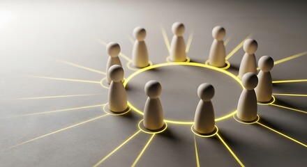 Metaphorical image of a social network and community structure. Wooden figures standing in a circle with glowing light lines connecting them, symbolizing teamwork and collaboration