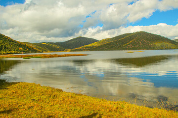 Golden forests surround serene alpine lakes, reflecting clouds Pudacuo National Park, Yunnan, China, Shangri-La, lake
