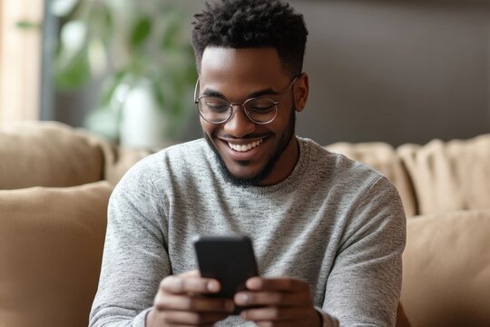 Young African American man in gray casual turtleneck smiling and typing on his phone, reading email, social media or blog online, or playing a mobile game while sitting on the couch at home