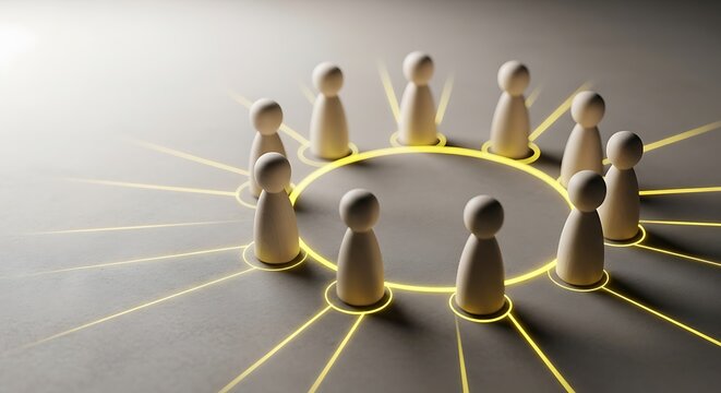 Metaphorical image of a social network and community structure. Wooden figures standing in a circle with glowing light lines connecting them, symbolizing teamwork and collaboration