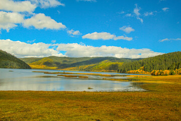Obraz premium Pudacuo National Park, Yunnan, China, Shangri-La, lake Golden forests surround serene alpine lakes, reflecting clouds.
