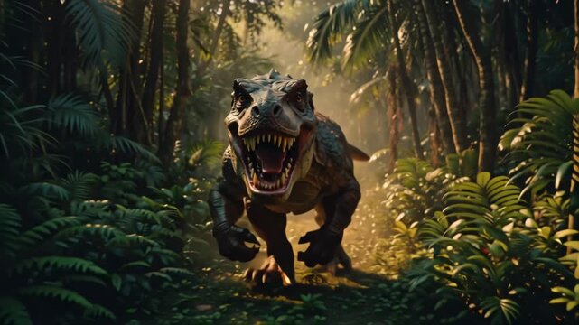 Majestic Tyrannosaurus Rex Roars Through Lush Jurassic Jungle