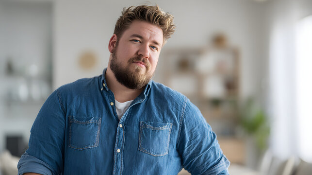 Plus-size man in blue shirt standing in bright modern interior