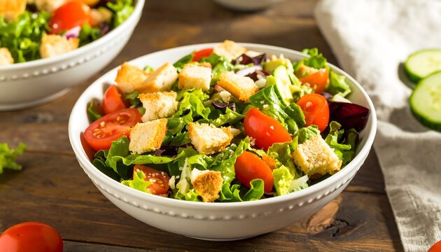 Fresh mixed greens salad with croutons and cherry tomatoes