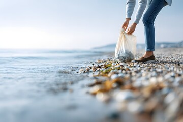 Volunteer picking up plastic waste on polluted beach, environmental protection and ecological activism for a cleaner world