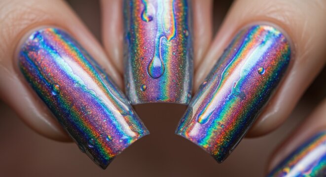Close-up of holographic nail polish with water droplets, showcasing a vibrant rainbow effect - Powered by Adobe