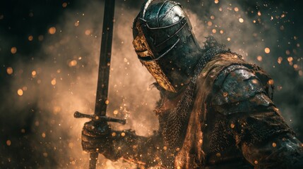 Epic Armored Knight Holding Sword Amidst Flying Sparks and Smoke in Dramatic Battle Scene with Cinematic Lighting, Depicting Medieval Warrior Power, Honor, and Intense Combat Atmosphere