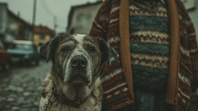 Close-Up of Sad-Looking Dog Standing Beside Owner in Patterned Wool Sweater on Cobblestone Street in Vintage Town During Overcast Weather, Capturing a Moody and Nostalgic Urban Moment