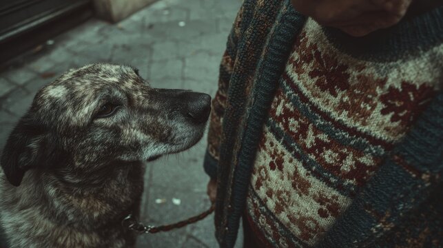 Close-Up of Leashed Brindle Dog Looking Up at Person Wearing a Cozy Patterned Wool Sweater on an Urban Sidewalk During a Quiet, Overcast Day in a Vintage-Styled City Scene