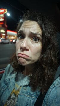 Woman Making Dramatic Sad Face Inside Car at Night Near Brightly Lit Gas Station, Wearing Casual Denim Jacket and Expressing Disappointment in a Candid, Humorous Urban Setting
