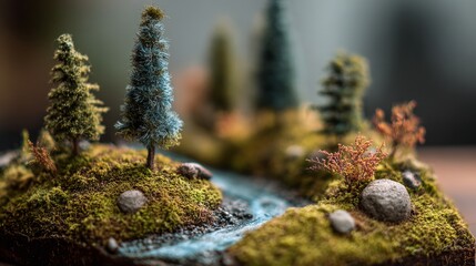 Miniature Forest Diorama with Flowing River, Moss-Covered Terrain, Pine Trees, and Tiny Rocks Depicting a Peaceful Natural Landscape in High Detail for Artistic or Educational Display