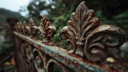 Close-Up of Ornate Rusted Iron Fence with Decorative Leaf Motifs in an Overgrown Outdoor Setting Showing Natural Decay and Weathering in a Forgotten Garden or Abandoned Property