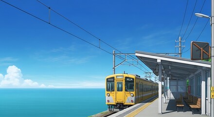Digital Painting of Yellow Train at a Coastal Railway Station